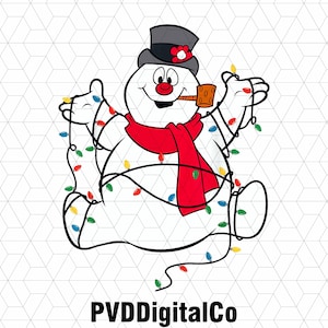 May include: A cartoon snowman wearing a black top hat with a red flower, a red scarf, and a brown pipe. The snowman is wrapped in a string of colorful Christmas lights. The text "PVDigitalCo" is at the bottom.