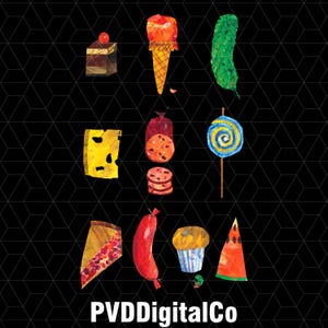 May include: A colorful illustration of various food items, including a slice of cake, an ice cream cone, a pickle, a slice of cheese, a sausage, a lollipop, a slice of pie, a hot dog, a muffin, and a slice of watermelon.