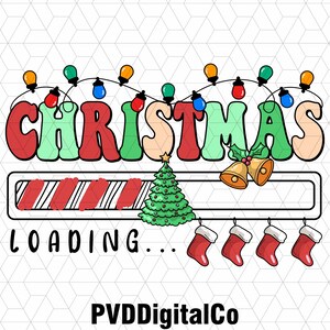 May include: A festive Christmas-themed graphic with the word "CHRISTMAS" in red, green, and beige bubble letters, adorned with string lights. Below, a loading bar with a Christmas tree, bells, and stockings. The text "LOADING..." is also present.