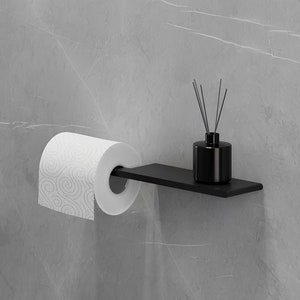 Porta carta igienica sottile di design con ripiano – Montaggio a parete nascosto, porta rotolo di carta igienica nero galleggiante, accessori unici per il bagno ARETE
