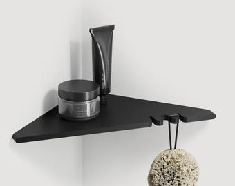 Aluminum Corner Shower Shelf with Hooks - Hidden Mount Floating Shelving