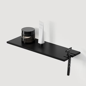 Aluminum Bathroom Shelf with Hooks - Narrow/Invisible mount, Luxe Shower Shelf, Black Floating Shelf