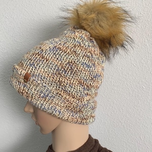 Handmade Hat - Super Soft Knitted Slouchy Beanie - Thick Winter Ski Hat with Faux Fur Pom Pom
