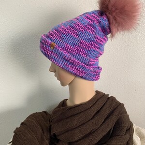 Handmade Hat - Knitted Slouchy Beanie - Thick Winter Ski Hat with Faux Fur Pom Pom