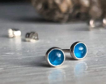 Neon Blue Apatite and Silver Tiny Rainbow Stud Earrings