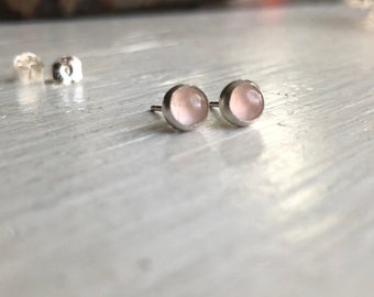 Rose Quartz and Silver Tiny Rainbow Stud Earrings