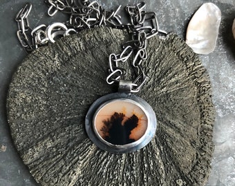 Dendritic Agate Pendant Necklace in Oxidized Silver