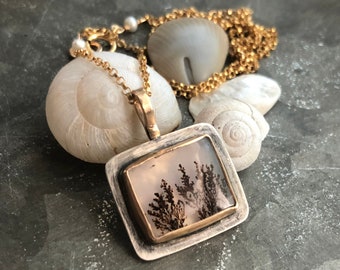 Rectangular Dendritic Agate Pendant Necklace in Silver and Gold