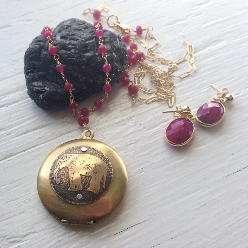Elephant Locket in Gold and Ruby Rosary Style Necklace 36 in
