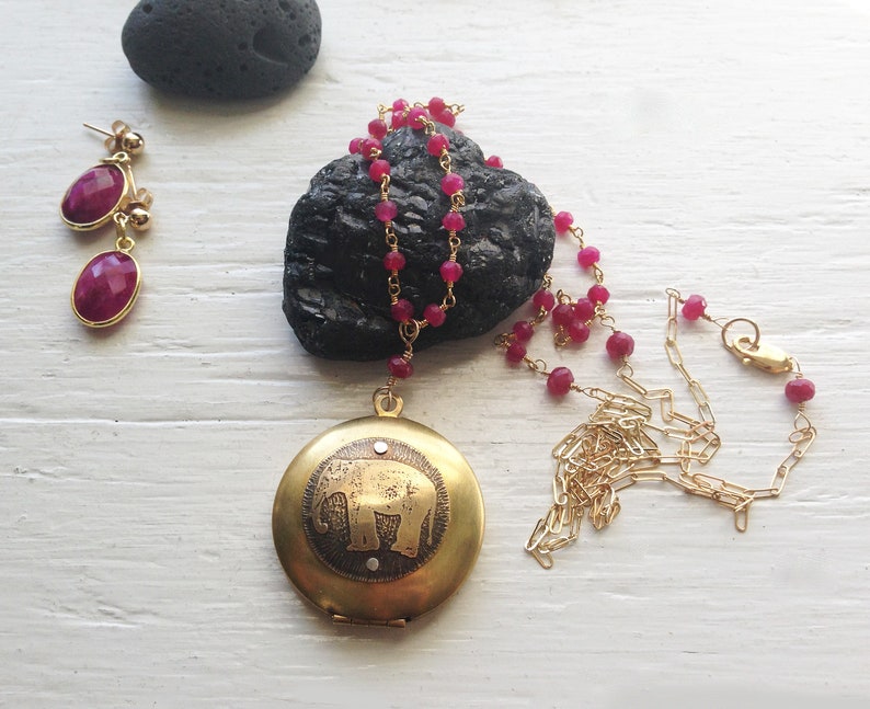 Elephant Locket in Gold and Ruby Rosary Style Necklace 36 in
