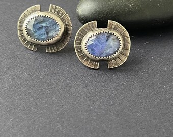 Tanzanite Fan Stud Earrings in Oxidized Silver