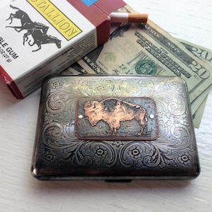 American Bison Etched  Wallet / Cigarette Case in Victorian  -- Acid Bath Series