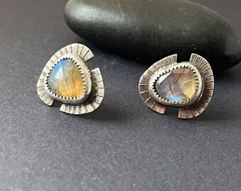 Labradorite Fan Stud Earrings in Oxidized Silver