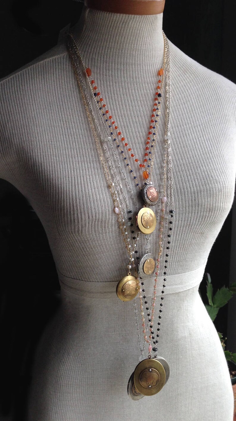 Elephant Locket in Gold and Ruby Rosary Style Necklace 36 in