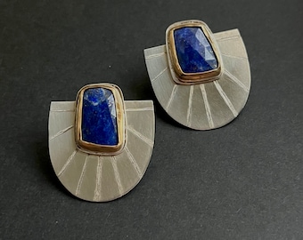 Lapis Lazuli Ear Jacket Stud Earrings in Silver and Gold