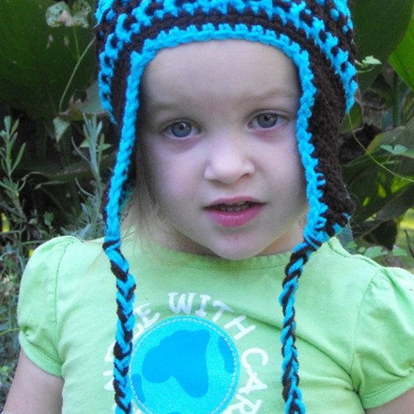 Hand Crochet Brown and Turquoise Toddler or Child  Hat with Ear Flaps