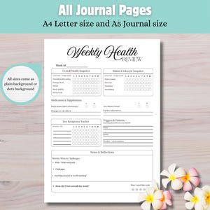 Puede incluir: Una página de diario blanca de "Weekly Health Review" con secciones para el seguimiento de métricas de salud, hábitos y reflexiones. Incluye espacio para notas, desafíos y un rastreador de síntomas clave. El texto en la parte superior dice "All Journal Pages, A4 Letter size and A5 Journal size."