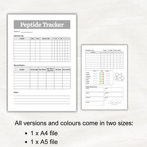 Puede incluir: Un formulario de seguimiento de p&eacute;ptidos en papel blanco con texto y l&iacute;neas de cuadr&iacute;cula en negro. El documento incluye secciones para el registro de inyecciones, reconstituci&oacute;n y notas. Una segunda hoja m&aacute;s peque&ntilde;a presenta un registro de efectos secundarios, seguimiento diario y estructuras qu&iacute;micas.