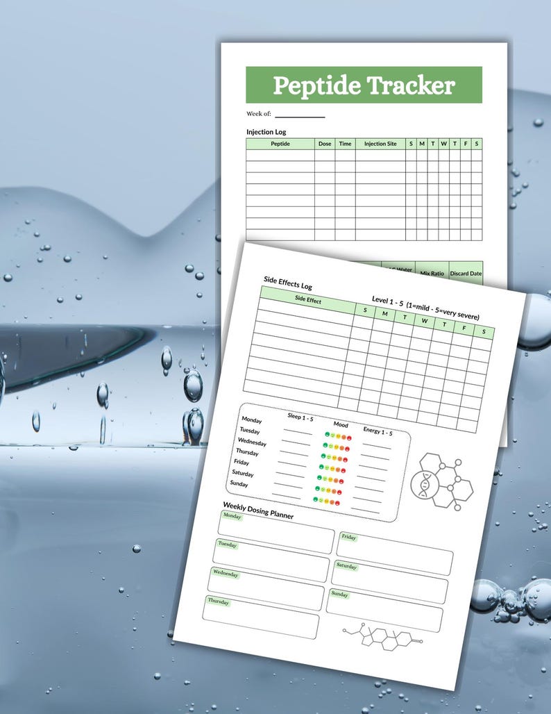 Puede incluir: Dos hojas de papel blancas con un Peptide Tracker, registro de inyecciones, registro de efectos secundarios y planificador de dosis semanal. Los formularios incluyen tablas con encabezados verdes y columnas para los d&iacute;as.