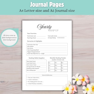 May include: A white journal page with the text "Yearly Wrap Up" and sections for tracking reading habits, including "Year Overview," "Favourites & Highlights," and a monthly reading tracker. The journal is available in A4 and A5 sizes.