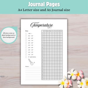 May include: A white temperature log sheet with black text and grid lines. The page features a title, a key with temperature ranges from 9 degrees and below to 100 degrees plus, a thermometer icon, a monthly grid, and a section for notes at the bottom.