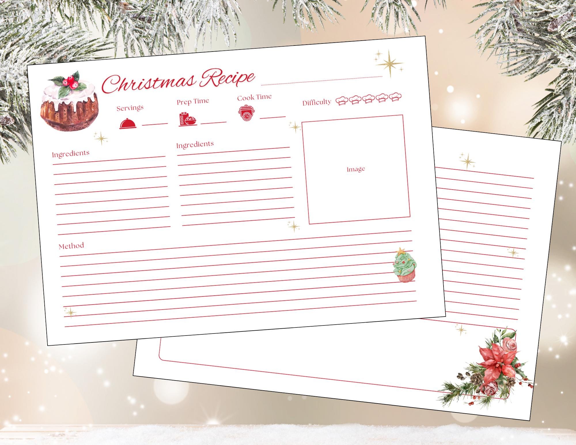 Printable Recipe Cards, FREE Conversion Chart, Christmas Recipe Cards, Christmas Design Blank ...