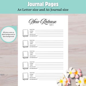 Op de afbeelding: Een witte journaalpagina met de tekst "New Release Log" en lijnen voor boekdetails. De pagina bevat illustraties van boeken en de tekst "Journal Pages, A4 Letter size and A5 Journal size."