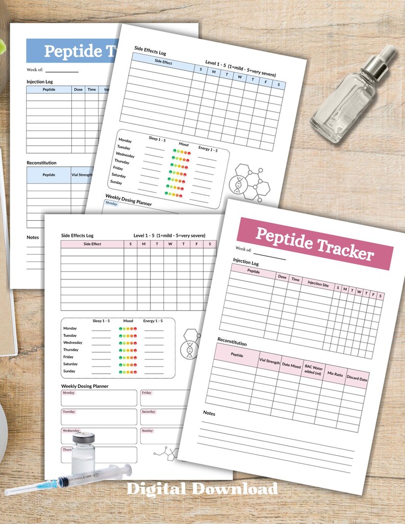 Puede incluir: Un conjunto de hojas impresas de seguimiento de p&eacute;ptidos con tablas para registros de inyecci&oacute;n, efectos secundarios y dosificaci&oacute;n semanal. Los documentos incluyen secciones para el sue&ntilde;o, el estado de &aacute;nimo y la energ&iacute;a, junto con un vial de vidrio y una jeringa.