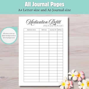 Op de afbeelding: Een witte pagina van het Medication Refill Prescription Log-journaal met een raster voor het volgen van medicatiedetails. De pagina bevat koppen voor medicatienaam, navuldatum, hoeveelheid over en een selectievakje. De tekst bovenaan luidt "All Journal Pages" en "A4 Letter size and A5 Journal size."