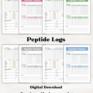 Puede incluir: Una colecci&oacute;n de ocho hojas de registro Peptide Tracker imprimibles en varios colores, incluyendo rosa, verde, gris y azul. Cada hoja presenta secciones para un registro de efectos secundarios, registro de inyecciones, detalles de reconstituci&oacute;n y un planificador semanal.