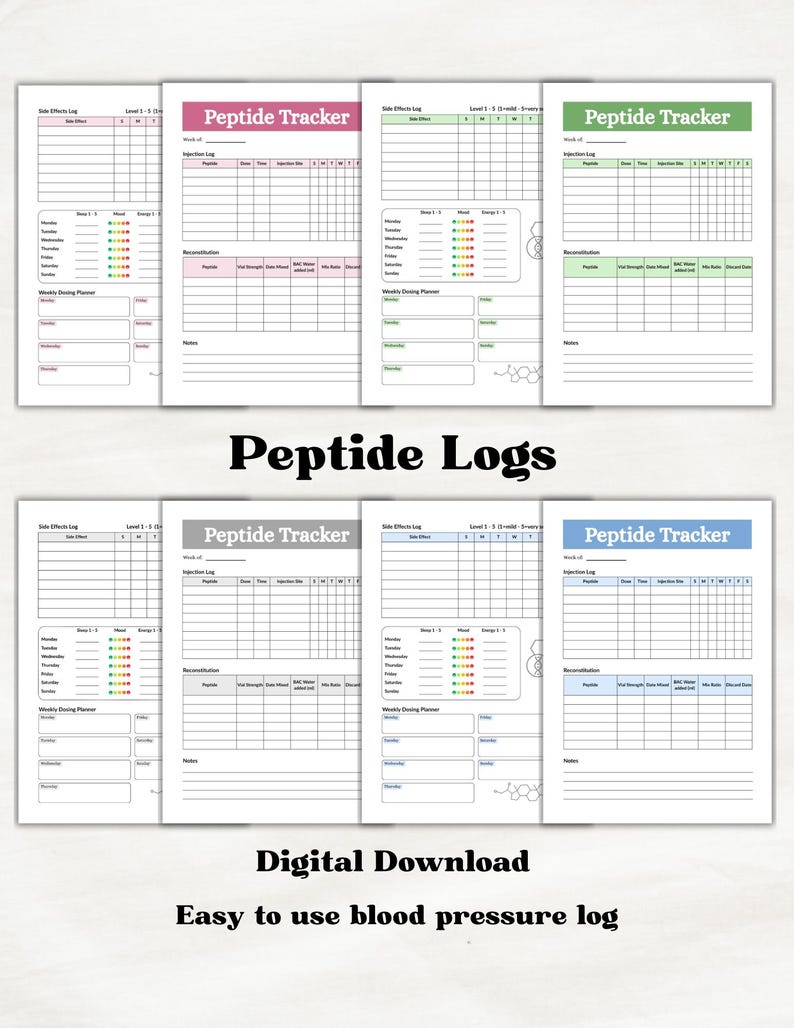 Puede incluir: Una colecci&oacute;n de ocho hojas de registro Peptide Tracker imprimibles en varios colores, incluyendo rosa, verde, gris y azul. Cada hoja presenta secciones para un registro de efectos secundarios, registro de inyecciones, detalles de reconstituci&oacute;n y un planificador semanal.