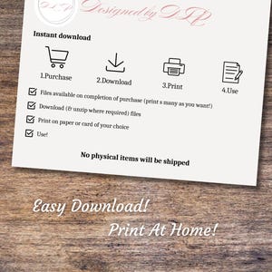 Puede incluir: Una tarjeta informativa blanca con texto e iconos negros que detalla un proceso de cuatro pasos: 1. Purchase, 2. Download, 3. Print, 4. Use. La tarjeta incluye el texto Designed by DLP, Instant download y No physical items will be shipped.