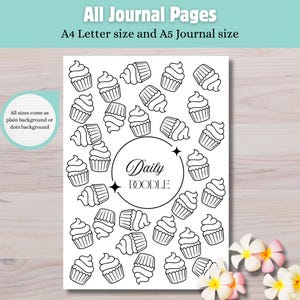 May include: A black and white journal page with a cupcake pattern and the words "Daily DOODLE" inside a circle. The journal is available in A4 Letter and A5 sizes, with plain or dot backgrounds. The text "All Journal Pages" is at the top.