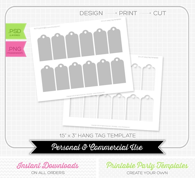 May include: Printable 1.5 x 3 inch hang tag template for personal and commercial use. The template includes 12 tags in a gray color.