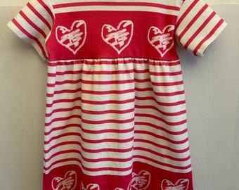 Toddler Heart Dress, Sizes XS- L. Bright Pink in Organic Cotton, Stripe with Border Heart Print,Girls Heart Dress, Pink Heart Dress.