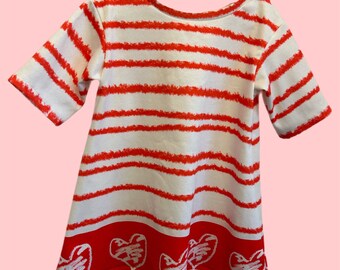 HEART Dress Toddler, Size XS-L , Bright Red in Organic Cotton, Stripe with Border Heart Print, Easter Dress, Red Stripe Dress,