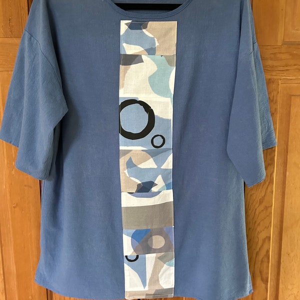 Loose Fitting Top,Light Blue Cotton Gauze Summer Shirt with Appliqued Prints. Size 14-16. One of a Kind, Womens  Clothing.Mother’s Day Gift