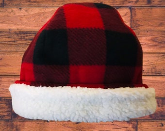 Red Plaid Winter Beanie, Gifts for Her,  Buffalo Red Black Check Fleece Hat.