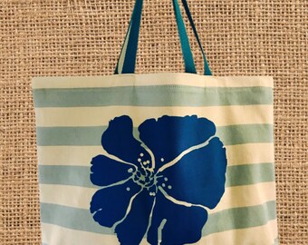 Stripe Beach Bag, Hibiscus Bag, Hawaiian Bag, Blue Flower, Tropical  Flower Bag,Destination Wedding,