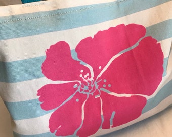 Tropical Flower Tote Bag, Pink Hibiscus Flower handprinted on blue and white stripe tote bag. Pink Blossom bag.