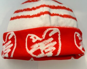 Toddler Heart Winter Beanie, Gifts for Kids, Red White Fleece Hat, Fleece Lined Baby Hat, Girl’s Winter Hat, Girl’s Heart Hat,Red Stripe Hat