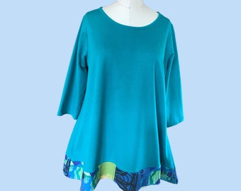 Tunic Top Turquoise  Border Print Loose Fitting Comfy Wear with Leggings French Terry One of a Kind Original Textile Design Small Batch