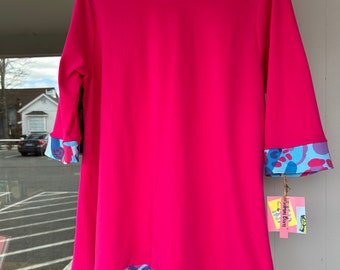 Tunic Top Fuschia  Border Print Loose Fitting Comfy Wear with Leggings French Terry One of a Kind Original Textile Design Small Batch