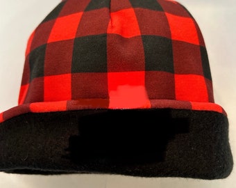 Toddler Red Plaid Winter Beanie, Gifts for kids, Buffalo Red Black Check Fleece Hat, Fleece Lined Baby Hat, Boy’s Winter Hat, Boy’s Beanie.