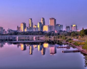 Minneapolis, MN Skyline at Sunrise over the River- Fine Art Print