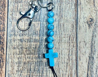 Small Turquoise Cross Keychain, Religious Keychain, Faith Keychain, Religious Gift, Christian Keychain, Catholic Keychain, Baptism Gift