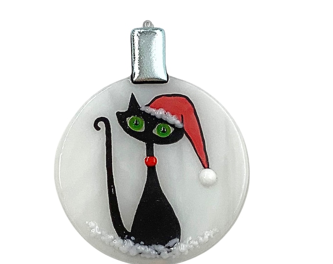 Cat with Santa hat fused glass ornament