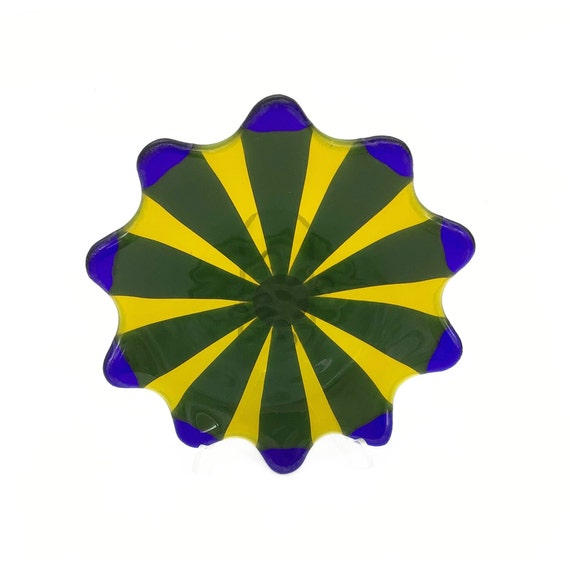 Blue and yellow fused flower trinket plate