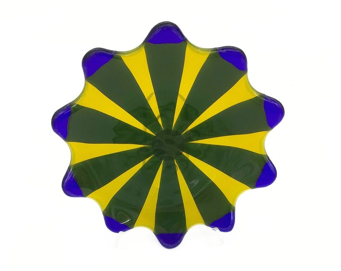 Blue and yellow fused flower trinket plate