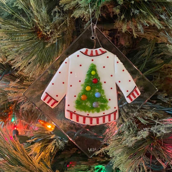 Ugly sweater Christmas tree fused glass ornament